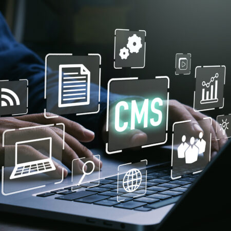 CMS - Content management system concept.Businessman using laptop to management cms software for publishing content.Blog promotion, data administration and website optimization concept.